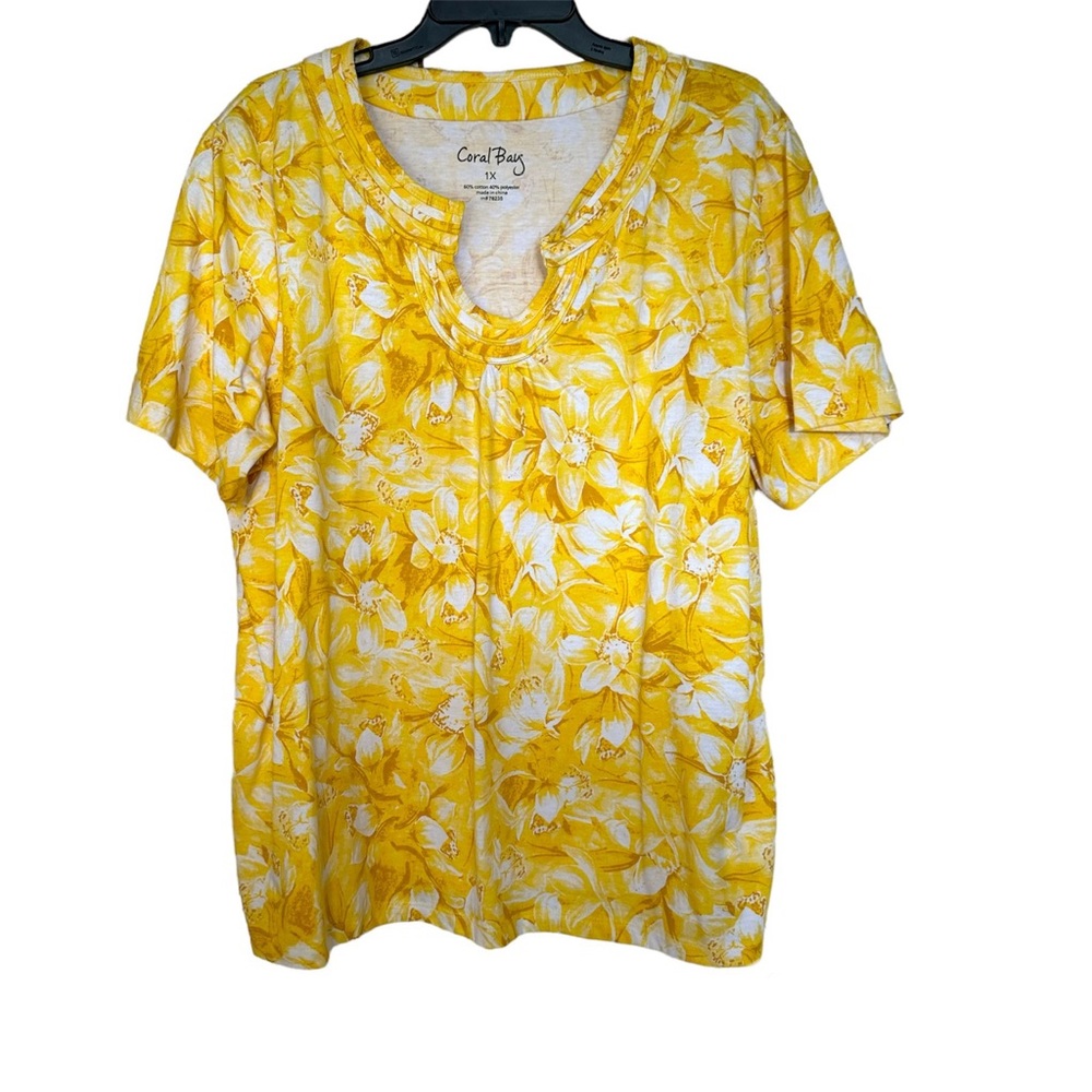 Coral Bay Yellow White Floral Scoop Neck Blouse 1X